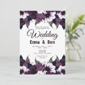 Watercolor donkerpaarse bloemen bruiloft uitnodigi kaart (Staand voorkant)
