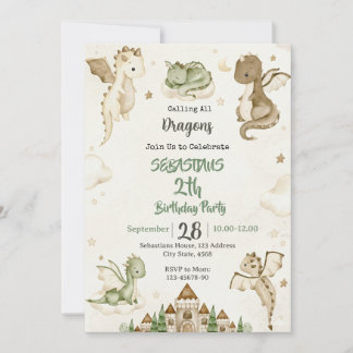 Watercolor Dragon Birthday Party Invitation Kaart
