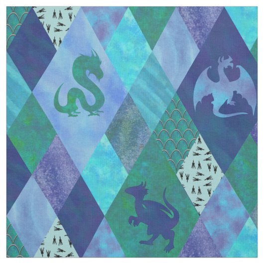 Watercolor Dragon Patchwork Quilt in Blue Green Stof (Swatch)