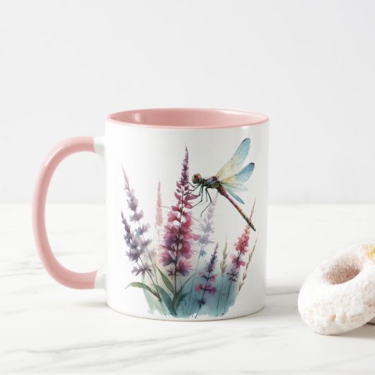 Watercolor Dragonfly Wildflower Pink Aesthetic Mok (Met donut)
