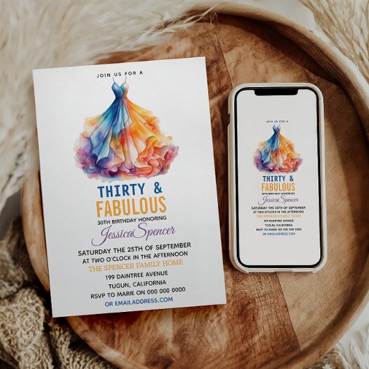 Watercolor Dress 30th Birthday Elegant & Feminine  Kaart