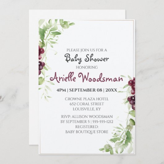 Watercolor Druiven Baby Shower Schildering Minimal Kaart (Voorkant / Achterkant)