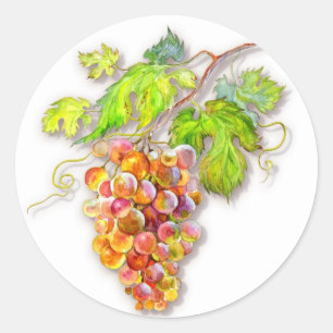 Watercolor Druiven & Groene Bladeren – Oogst Kunst Ronde Sticker