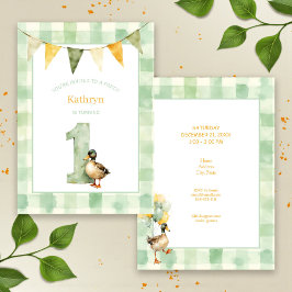 Watercolor Duck Teal, Yellow First Birthday Party Kaart
