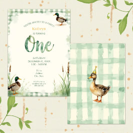 Watercolor Duck Teal, Yellow First Birthday Party Kaart
