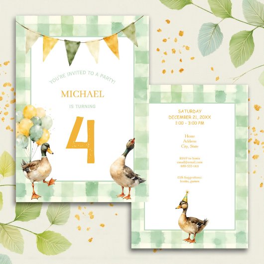 Watercolor Duck Teal, Yellow First Birthday Party Kaart