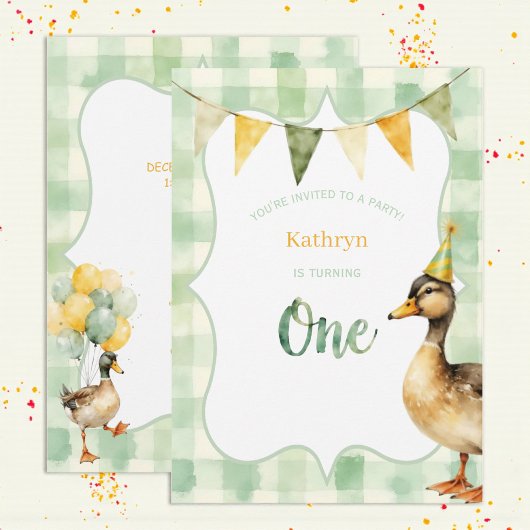 Watercolor Duck Teal, Yellow First Birthday Party Kaart