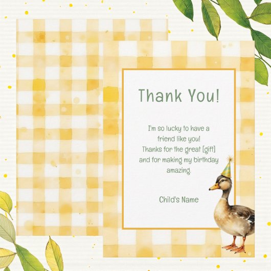 Watercolor Duck with Teal & Yellow Birthday Party  Bedankkaart
