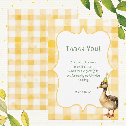Watercolor Duck Yellow Birthday Party Bedankkaart
