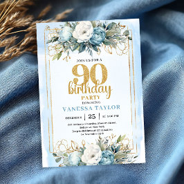 Watercolor Dusty Blue 90th Birthday Party Invite  Kaart