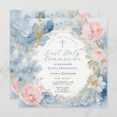 Watercolor Dusty Blue Floral First Holy Communion Kaart (Voorkant / Achterkant)