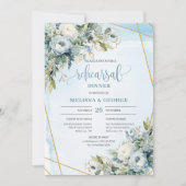 Watercolor Dusty Blue Floral Gold Frame Dinner   Kaart (Voorkant)