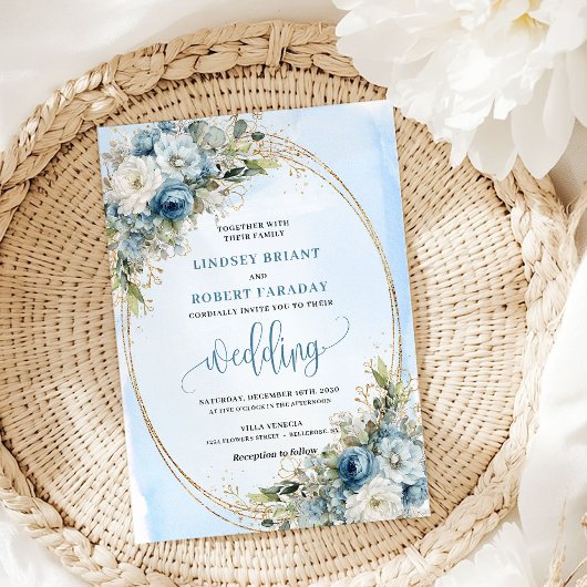 Watercolor Dusty Blue Floral Gold Glitter Invite Kaart