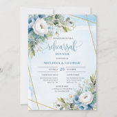 Watercolor Dusty Blue Floral Gold Rehearsal Invite Kaart (Voorkant)