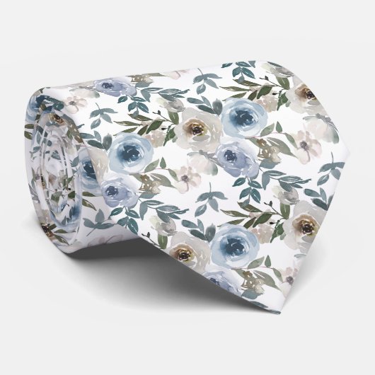Watercolor Dusty Blue Floral Wedding  Stropdas (Opgerold)