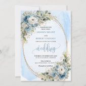 Watercolor Dusty Blue Flowers Gold Wedding Invites Kaart (Voorkant)
