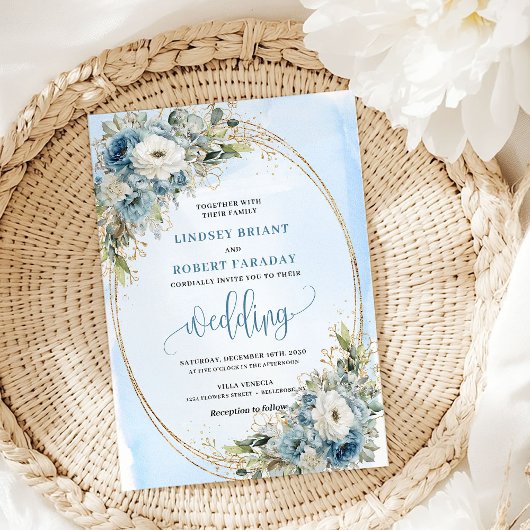 Watercolor Dusty Blue Flowers Gold Wedding Invites Kaart