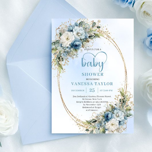 Watercolor Dusty Blue Greenery Baby Shower Invite  Kaart