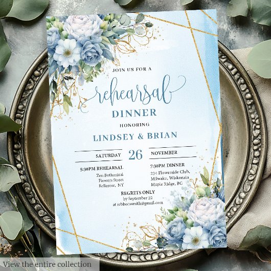 Watercolor Dusty Blue Peony Rehearsal Invitation Kaart