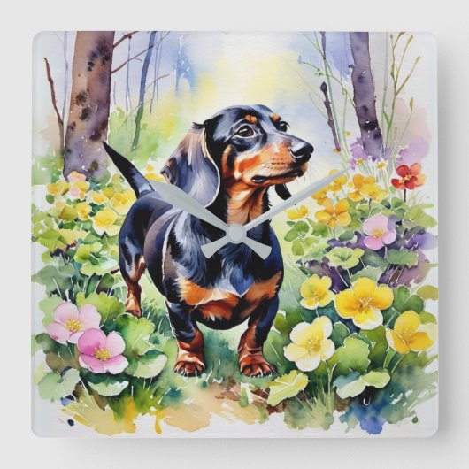 Watercolor Dwerghond Worst Hond Bos Primula Vierkante Klok (Voorkant)