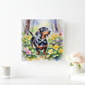 Watercolor Dwerghond Worst Hond Bos Primula Vierkante Klok (Huis)