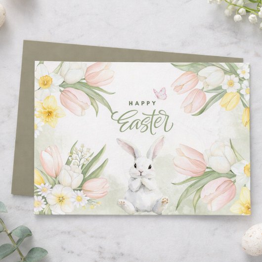 Watercolor Easter Bunny Floral Greeting Card Feestdagenkaart