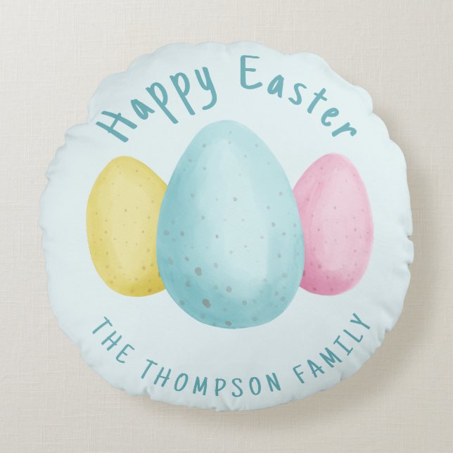 Watercolor Easter Eggs Blue Happy Easter Rond Kussen (Voorkant)