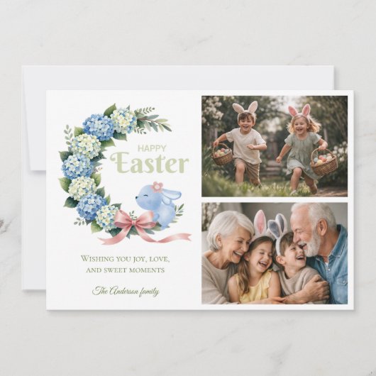 Watercolor Easter Hydrangea Cute Bunny 2 Photo Feestdagenkaart (Voorkant)