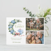 Watercolor Easter Hydrangea Cute Bunny 2 Photo Feestdagenkaart (Staand voorkant)