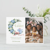 Watercolor Easter Hydrangea Cute Bunny Photo Feestdagenkaart (Staand voorkant)