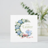 Watercolor Easter Hydrangea Wreath Cute Bunny Feestdagenkaart (Staand voorkant)