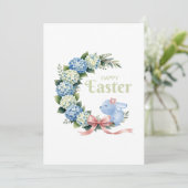 Watercolor Easter Hydrangea Wreath Cute Bunny Feestdagenkaart (Staand voorkant)