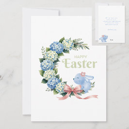 Watercolor Easter Hydrangea Wreath Cute Bunny Feestdagenkaart
