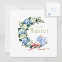 Watercolor Easter Hydrangea Wreath Cute Bunny Feestdagenkaart