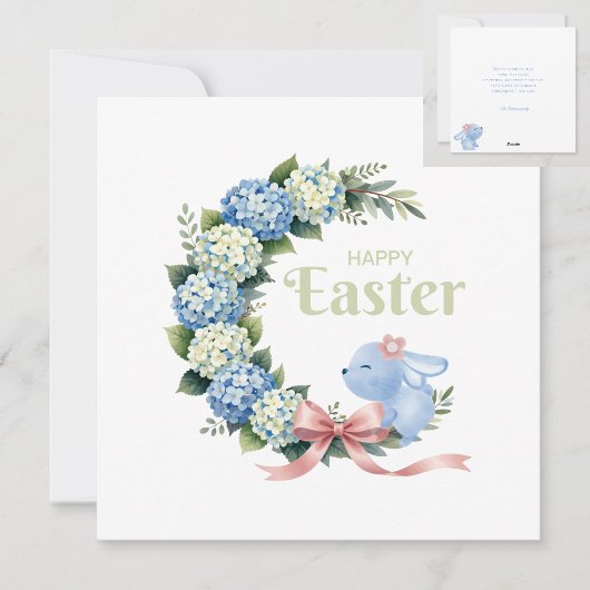 Watercolor Easter Hydrangea Wreath Cute Bunny Feestdagenkaart
