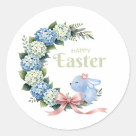 Watercolor Easter Hydrangea Wreath Cute Bunny Ronde Sticker