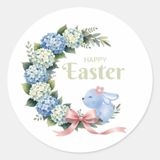 Watercolor Easter Hydrangea Wreath Cute Bunny Ronde Sticker (Voorkant)