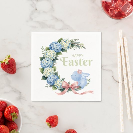 Watercolor Easter Hydrangea Wreath Cute Bunny Servet (Insitu)