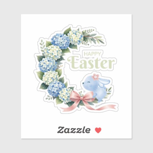 Watercolor Easter Hydrangea Wreath Cute Bunny Sticker (Vel)