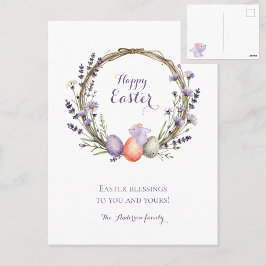 Watercolor Easter Lavender Wreath Eggs Cute Bunny Briefkaart
