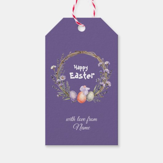 Watercolor Easter Lavender Wreath Eggs Cute Bunny Cadeaulabel (Voorkant)