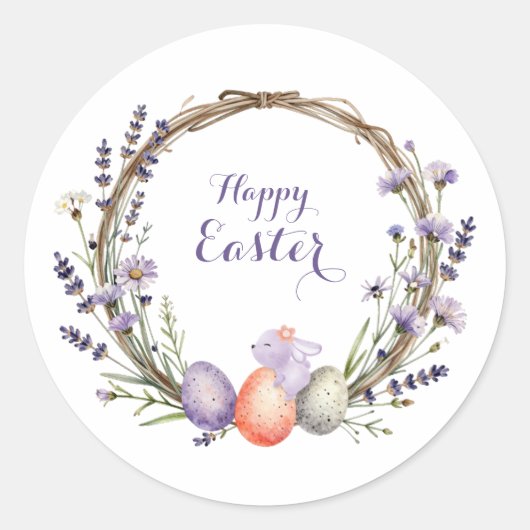 Watercolor Easter Lavender Wreath Eggs Cute Bunny Ronde Sticker (Voorkant)