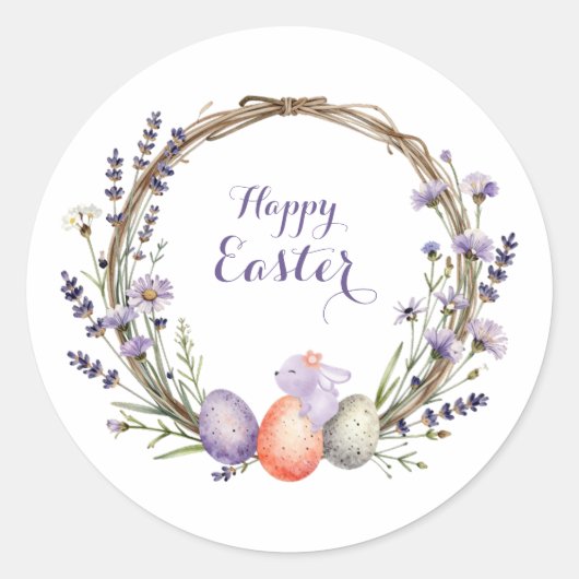 Watercolor Easter Lavender Wreath Eggs Cute Bunny Ronde Sticker (Voorkant)