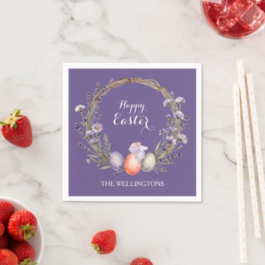 Watercolor Easter Lavender Wreath Eggs Cute Bunny Servet (Insitu)