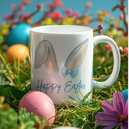 Watercolor Easter Rabbit Ears with Blue Bow Spring Grote Koffiekop