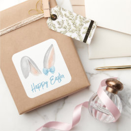 Watercolor Easter Rabbit Ears with Blue Bow Spring Vierkante Sticker