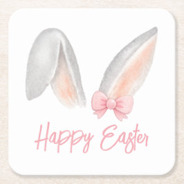 Watercolor Easter Rabbit Ears with Pink Bow Spring Kartonnen Onderzetters