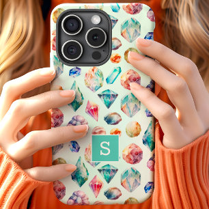 Watercolor Edelstenen En Kristallen Patroon Monogr iPhone 15 Case