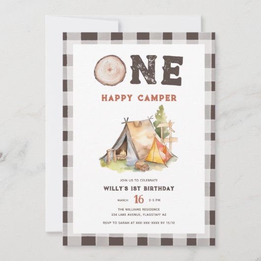 Watercolor één blij kampeerder 1e verjaardag kaart (Voorkant)