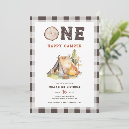 Watercolor één blij kampeerder 1e verjaardag kaart (Staand voorkant)
